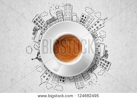 Cup od hot coffe on doodles background