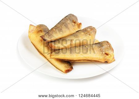Cold smoked notothenia on plate isolated on a white background
