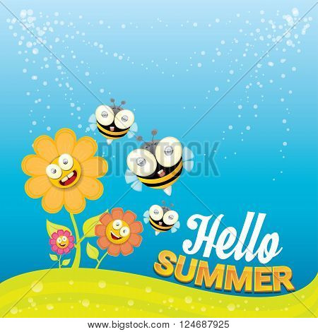 vector cartoon summer landscape with green grass, flowers and flying insects. Honey bees collect pollen and nectar