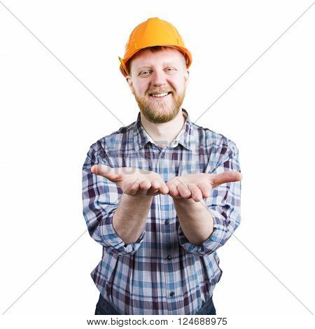 Bearded man in a helmet stretched his arms forward with palms