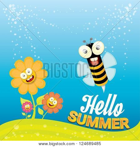 vector cartoon summer landscape with green grass, flowers and flying insects. Honey bees collect pollen and nectar