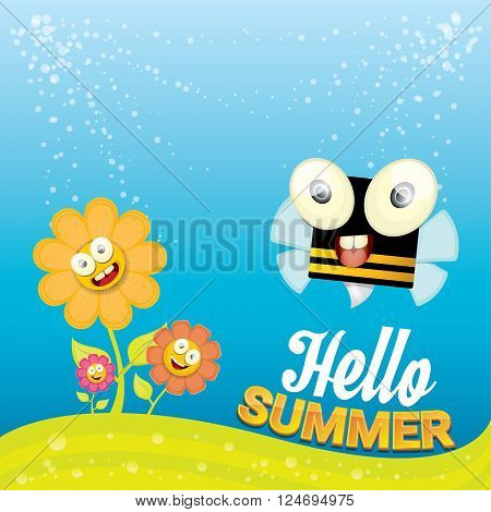 vector cartoon summer landscape with green grass, flowers and flying insects. Honey bees collect pollen and nectar