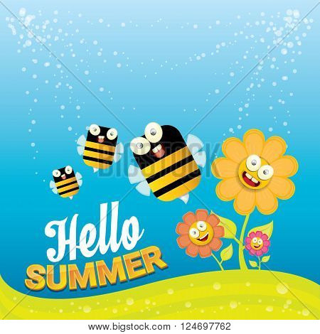 vector cartoon summer landscape with green grass, flowers and flying insects. Honey bees collect pollen and nectar