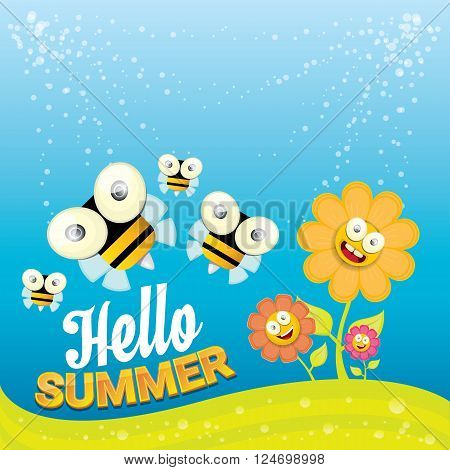 vector cartoon summer landscape with green grass, flowers and flying insects. Honey bees collect pollen and nectar