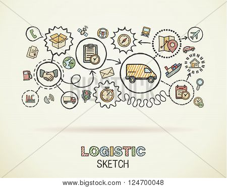 Logistic hand draw integrated icons set on paper. Colorful vector sketch infographic illustration. Connected doodle color pictogram, distribution, shipping, transport, services interactive concept