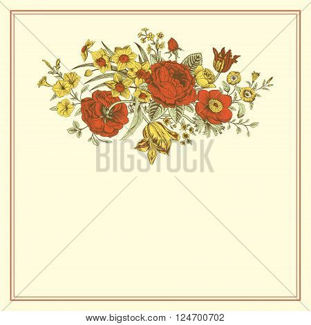 Vintage floral vector card with spring summer Victorian bouquet of flowers. Red and yellow roses anemones tulips forget-me petunias on a beige background.