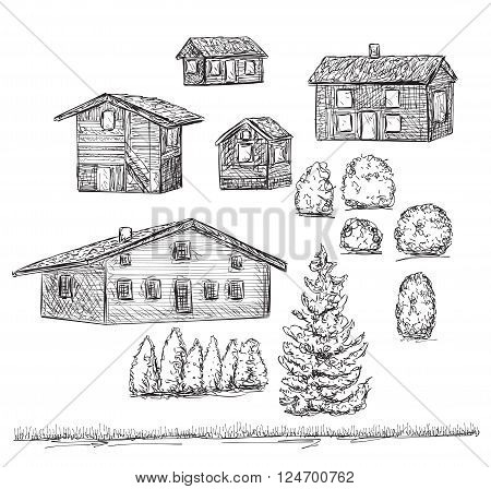 Vector hand drawn set of houses. Building sketch