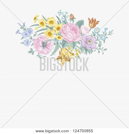 Vintage floral vector card with spring summer Victorian bouquet of flowers. Roses anemones tulips forget-me petunias on a light background. Pastel color.
