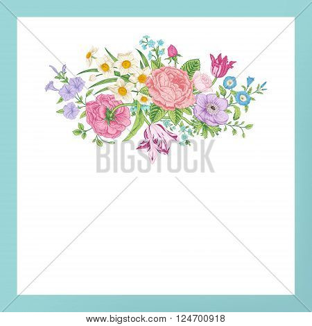 Vintage floral vector card with spring summer Victorian bouquet of flowers. Roses anemones tulips forget-me petunias on a white background with mint frame. Bright color.