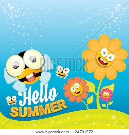 vector cartoon summer landscape with green grass, flowers and flying insects. Honey bees collect pollen and nectar