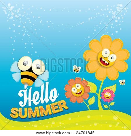 vector cartoon summer landscape with green grass, flowers and flying insects. Honey bees collect pollen and nectar