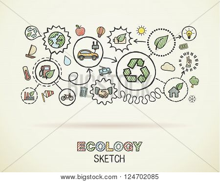 Ecology hand draw integrated icons set on squared paper. Color vector sketch infographic illustration. Connected doodle pictograms. eco friendly, bio, energy, recycle, car, planet, green concepts