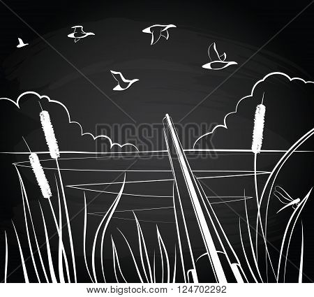 Duck hunting with a double-barreled shotgun on the pond