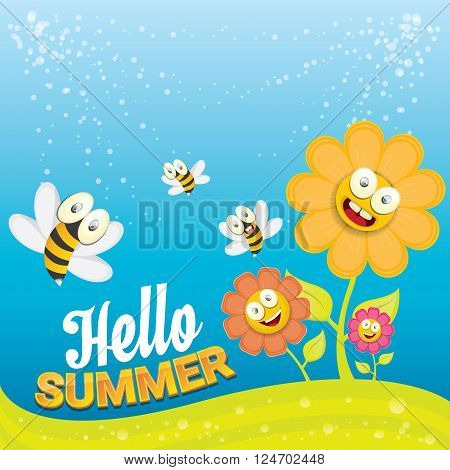 vector cartoon summer landscape with green grass, flowers and flying insects. Honey bees collect pollen and nectar