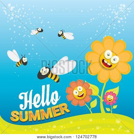vector cartoon summer landscape with green grass, flowers and flying insects. Honey bees collect pollen and nectar