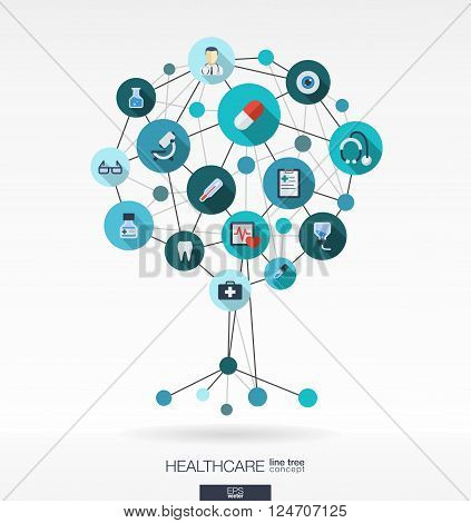 Abstract medicine background with lines, connected circles, integrated flat icons. Growth tree concept with medical, health, healthcare, thermometer and cross icon. Vector interactive illustration.