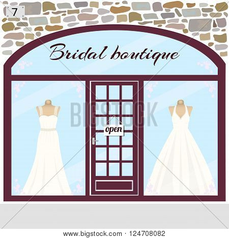 Wedding shop building facade of stone. Dummies in bridal dresses in the shop window.Vector illustration eps 10.