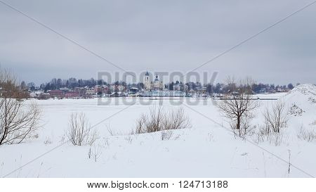 View of Myshkin town from other bank of Volga river in winter