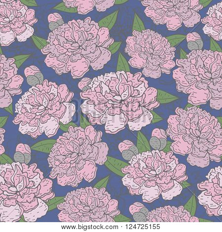 Beautiful Seamless blooming peony pattern on blue background. Vector illustration