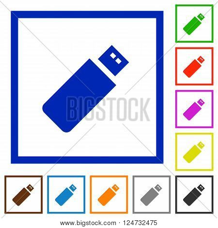 Set of color square framed pendrive flat icons on white background