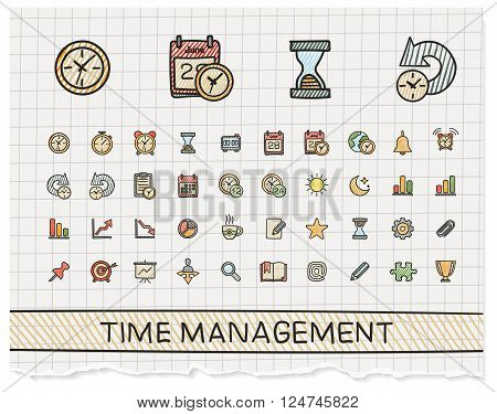 Time management hand drawing line icons. Vector doodle pictogram set. color pen sketch sign illustration on paper with hatch symbols, schedule, alarm, event, calendar, graphic, plan, date, bell.