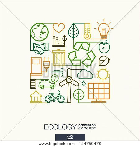 Ecology integrated thin line symbols. Modern linear style vector concept, with connected flat design icons. Illustration for eco friendly, energy, environment, green, recycle, bio and global concepts.
