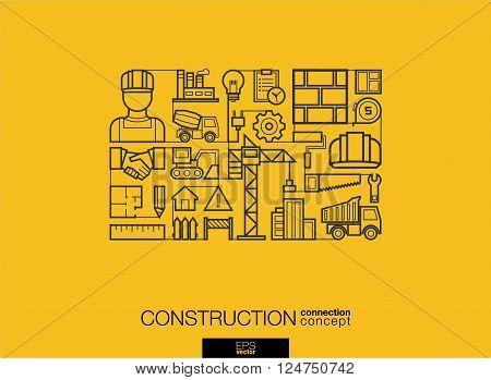 Construction integrated thin line symbols. Modern linear style vector concept, with connected flat design icon. Abstract background illustration for build, industry, architectural, engineering concept
