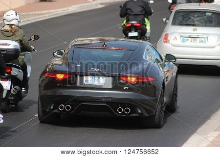 Monte-Carlo Monaco - April 6 2016: Jaguar F-Type Coupe R (Rear View) on Avenue d'Ostende in Monaco. South of France
