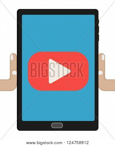 Human hands holding tablet computer with video player on the screen.