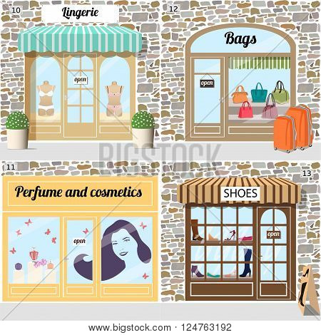 Set of vector detailed design shoes, lingerie, bags, perfume and cosmetics shop. Building facade of stone. Vector illustration eps 10