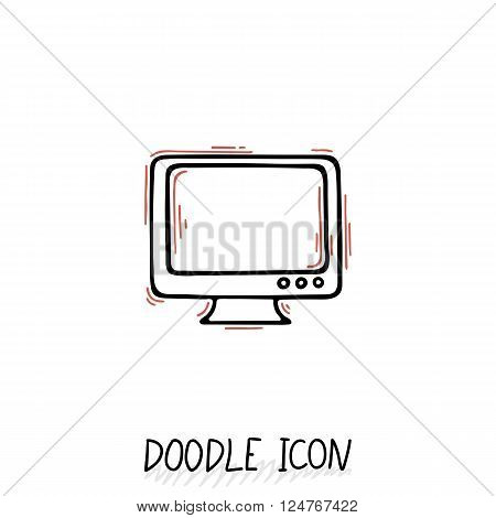 Doodle icon of monitor. Desktop computer, monoblock. Office pictogram.