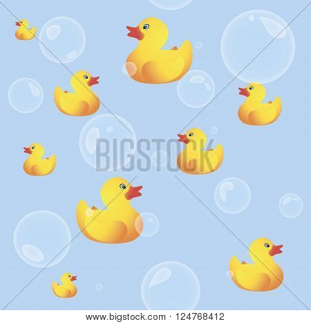 Rubber Ducks Seamless Background with Bubbles Cartoon