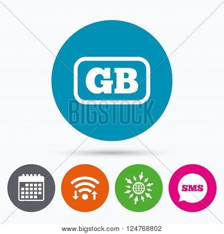 Wifi, Sms and calendar icons. British language sign icon. GB Great Britain translation symbol with frame. Go to web globe.