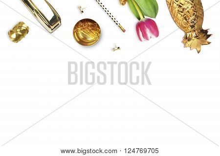 Tulip gold stapler pencil.Table view. Still life of fashion. Flat lay. White background mockup. Woman accessories.