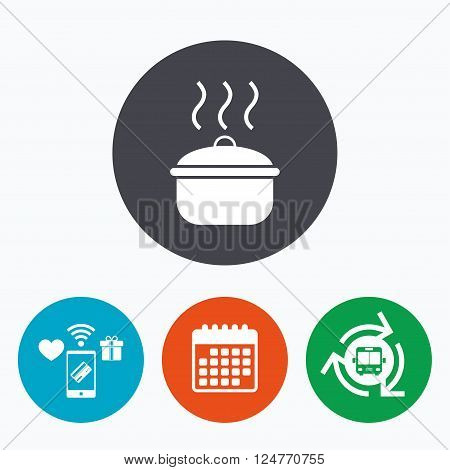 Cooking pan sign icon. Boil or stew food symbol. Mobile payments, calendar and wifi icons. Bus shuttle.