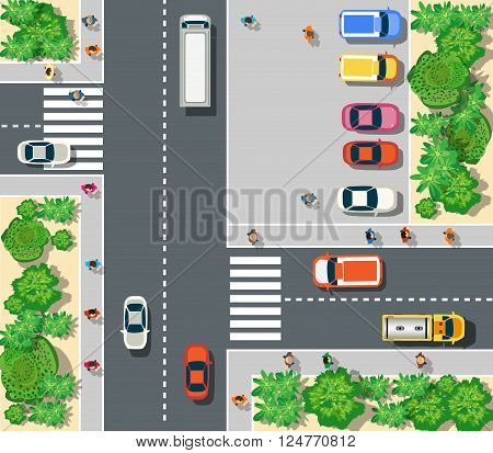 Top view of the city. Top view of urban crossroads with cars and houses.