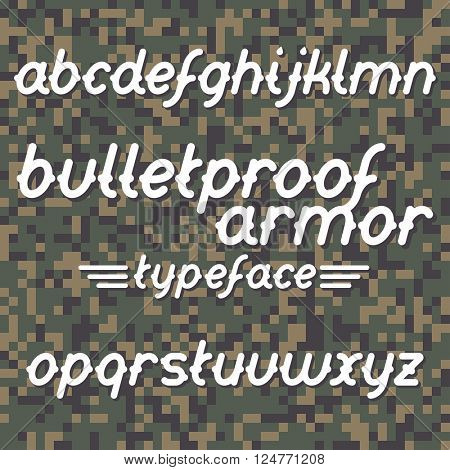 Bulletproof armor typeface. Bulletproof font set. Vector bulletproof armor typeface on military camouflage background