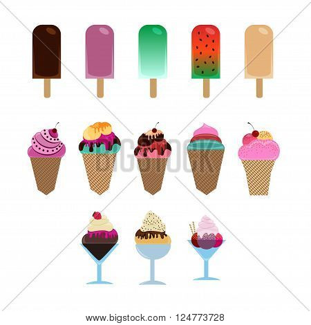 Set of different ice cream. Frozen dessert. 
Collection of 13 vector ice cream isolated on white background. Many choices of ice cream