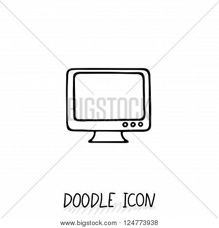 Doodle icon of monitor. Desktop computer, monoblock. Office pictogram.