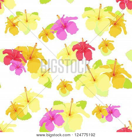 beautiful hibiscus flower on white. vector illustration seamless background