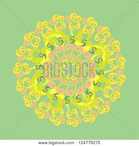symmetrical circular pattern on a green background. vector illustrator