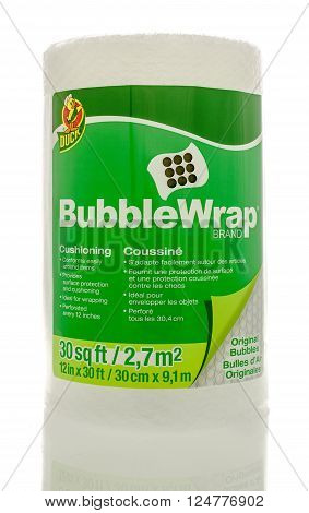 Winneconne WI - 1April 2016: A roll of Bubble Wrap Brand cushioning used for wrapping things to protect them.