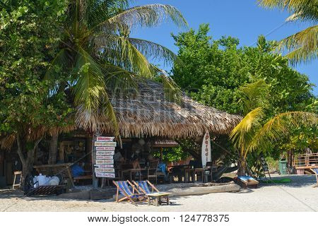 Lipe island Thailand - February 12 2016 : Beachside Coconut leaf hut cafe on Lipe island Thailand