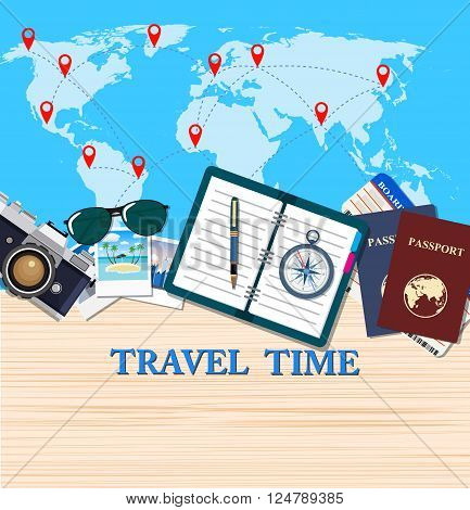 Travel and adventure template, travel time, banner for tourism website, vector illustration. travel and vacations concept. vector illustration in flat design