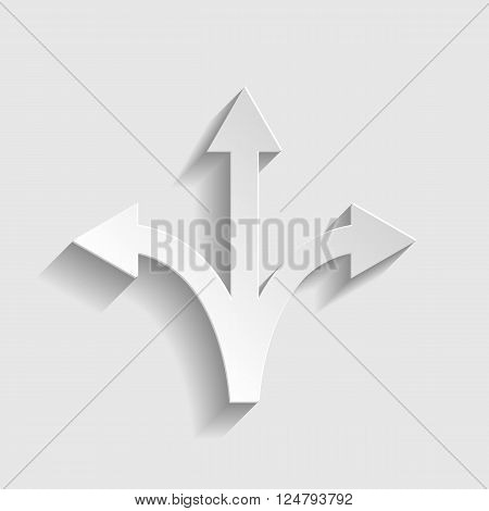 Three-way direction arrow sign. Paper style icon with shadow on gray.