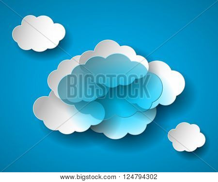 Bright realistic transparent cloud and white clouds on blue sky. Vector illustration. EPS 10 file.