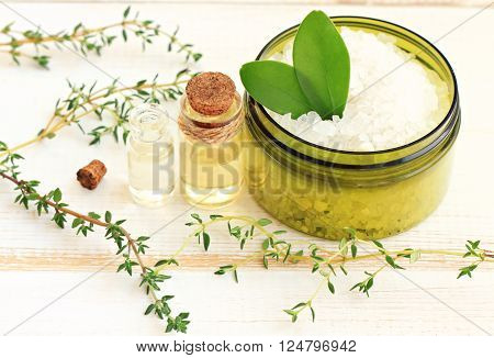 Herbal bath salt and thyme essential oil. Leaves skin feeling soft and fresh