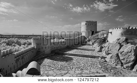 View from the top of a fort of the countryside and sky in black and white