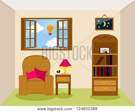 Illustrated vector living room with opened window.