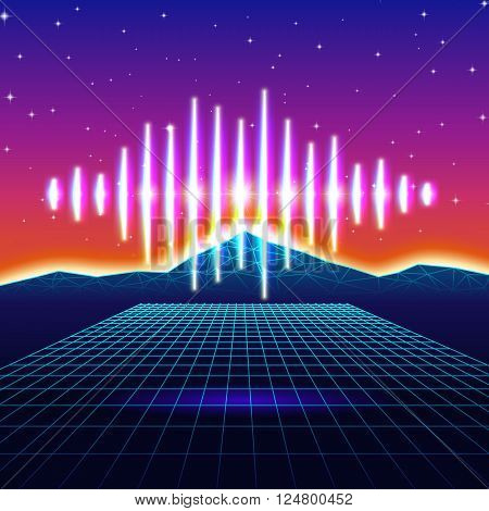 Retro gaming neon background with music wave
